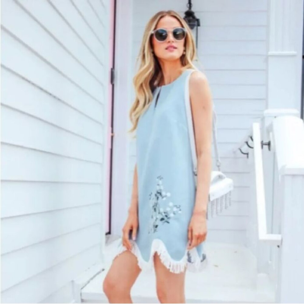 Tuckernuck Rivers Embroidered Fringe Mini Dress Women's Size S Shift Light Blue